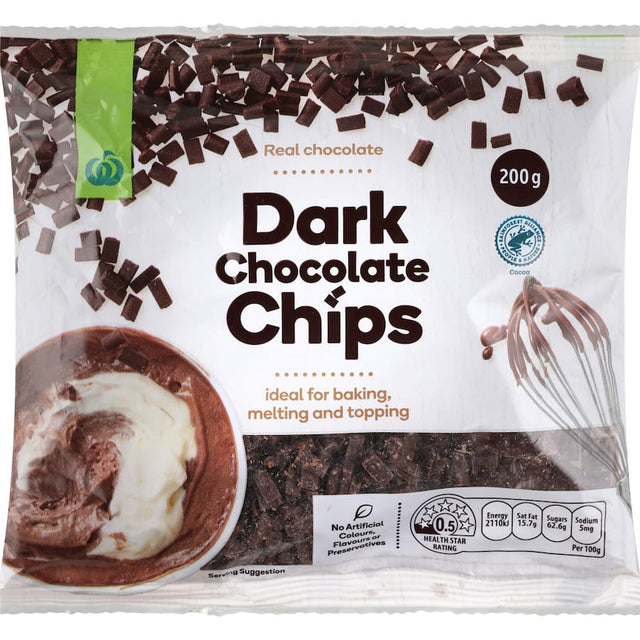 Woolworths Dark Chocolate Chips for baking, melting, and topping desserts, with rich cocoa flavor and no artificial additives.