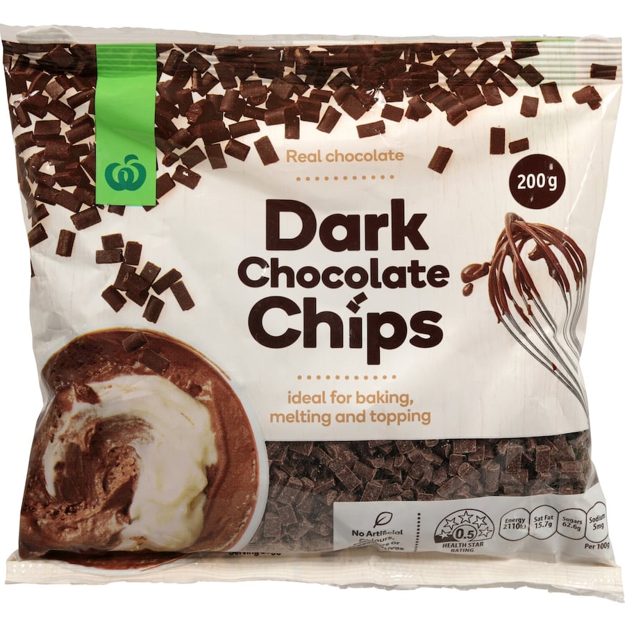 Woolworths Dark Chocolate Chips in a bag, perfect for baking and decorating desserts with rich cocoa flavor.