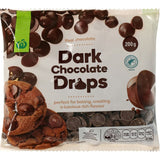 Woolworths Dark Chocolate Drops: premium, rich, perfect for baking or enjoying on their own, free from artificial additives.