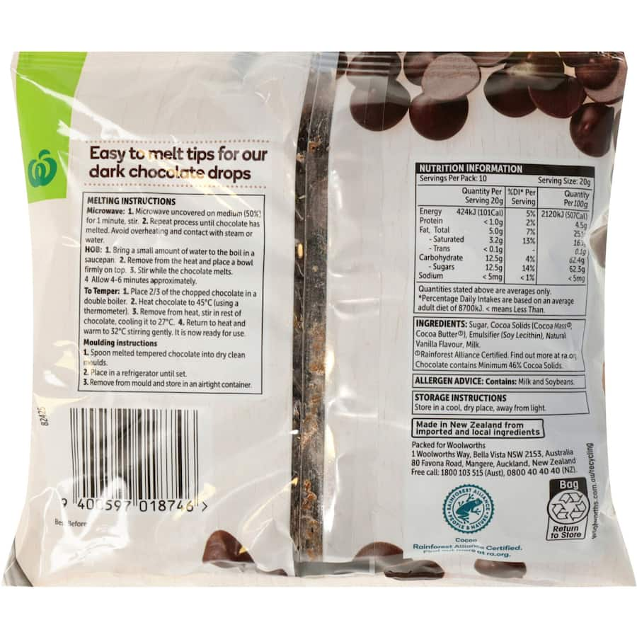 Dark chocolate drops from Woolworths, perfect for baking or snacking, made with premium ingredients and no artificial additives.