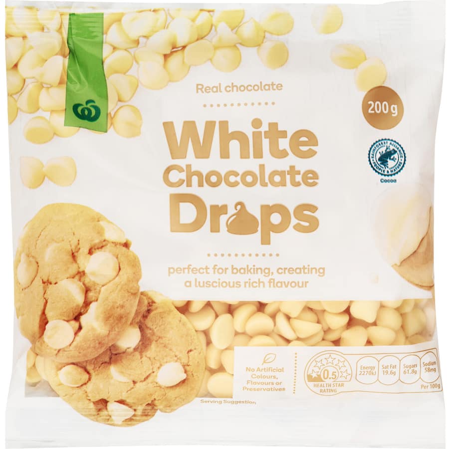 Woolworths Chocolate Baking White Drops for rich, creamy baking; ideal for cookies, muffins, and cakes without artificial additives.