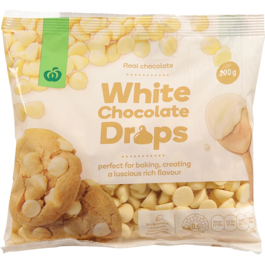 Woolworths Chocolate Baking White Drops, premium white chocolate for cookies, cakes, and muffins, free from artificial additives.