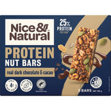 Protein nut bar with dark choc cacao, peanuts, and super seeds, offering 25% protein and only 4g sugar per bar.