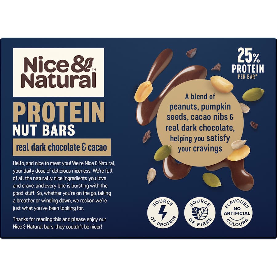 Nice & Natural Protein Nut Bar with 3 super seeds and dark choc cacao, offering 25% protein and low sugar for nutritious snacking.