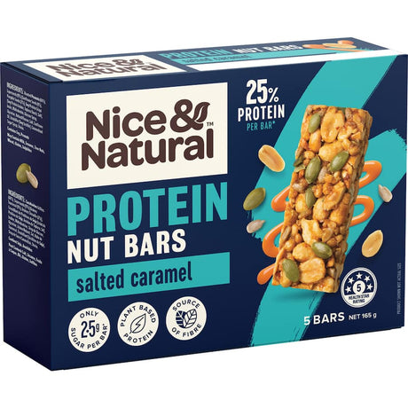 Nice & Natural Salted Caramel Protein Nut Bar featuring crunchy peanuts, soy chips, and three super seeds, packed with 25% protein.