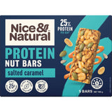 Salted Caramel Protein Nut Bar with peanuts, soy chips, and super seeds, offering 25% protein and low sugar for a healthy snack.