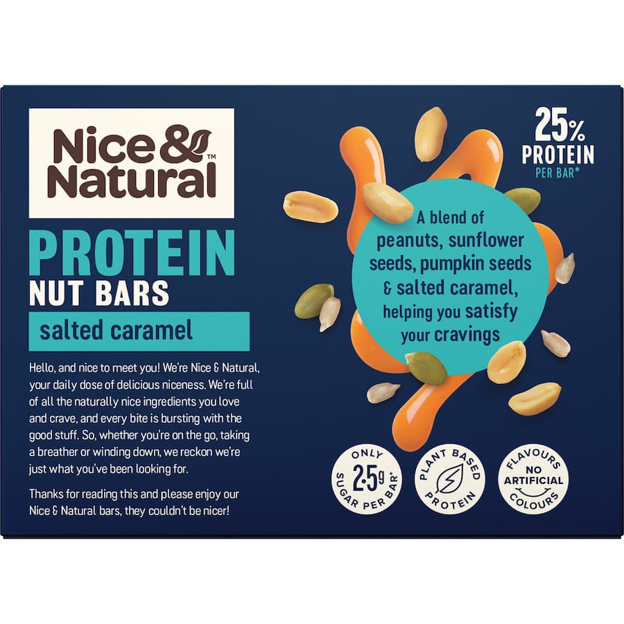 Salted Caramel Protein Nut Bar with super seeds, peanuts, and soy, offering 25% protein and low sugar for healthy snacking.