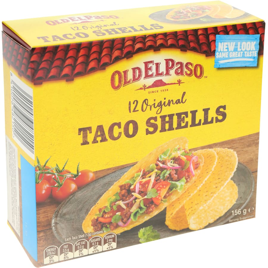 Crunchy Old El Paso Mexican Taco Shells, perfect for filling with savory ingredients for a festive taco night.