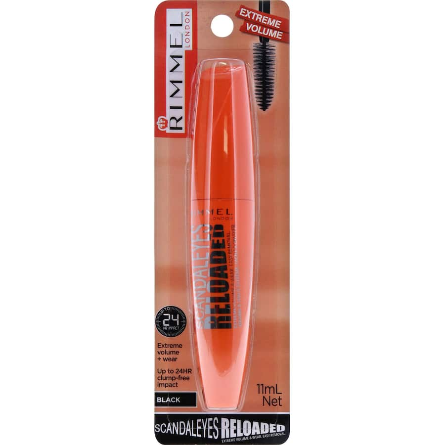 Rimmel Scandal Eyes Mascara Reloaded Black delivers extreme volume with a max density brush for 24-hour wear.