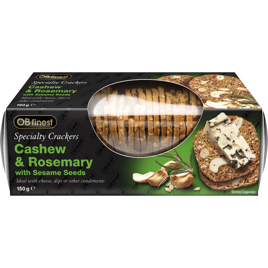 Gourmet cashew and rosemary crackers, artisan-crafted for a crisp texture, perfect for cheese and dip pairings.