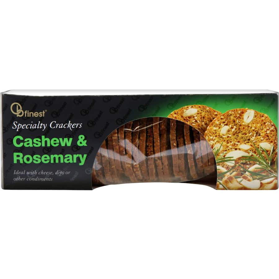 Artisan cashew and rosemary crackers, perfect for pairing with cheese and dips, offering a crispy texture and gourmet flavor.