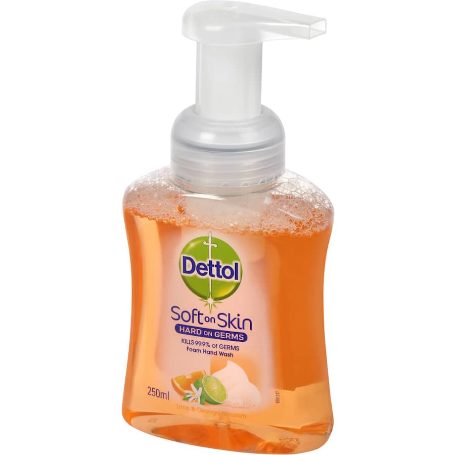 Dettol Antibacterial Foaming Hand Wash in Lime & Orange Blossom, effective against germs with a refreshing citrus scent.