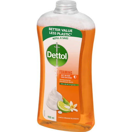 Dettol Antibacterial Foaming Hand Wash in Lime & Orange, effective germ protection with a refreshing scent, soft on skin.
