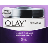 Olay Anti Wrinkle Provital Night Cream, a rich moisturizer for mature skin, enhances elasticity and hydrates overnight.