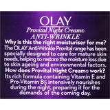 Olay Anti Wrinkle Provital Night Face Cream for mature skin, rich in Vitamin E and B5, enhances moisture and elasticity overnight.