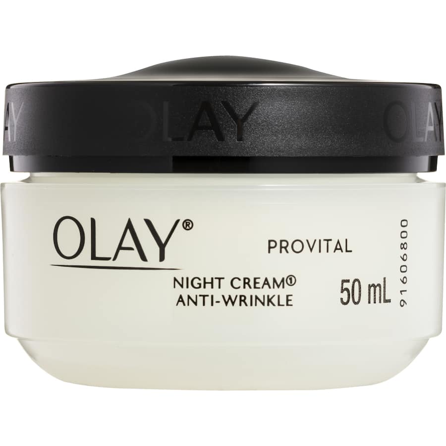 Olay Anti Wrinkle Provital Night Cream for mature skin, nourishing formula with Vitamin E for hydration and elasticity.