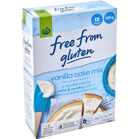 Gluten-free vanilla cake mix by Woolworths, perfect for cakes and cupcakes with rich flavor and moist texture.