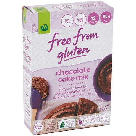 Woolworths Free From Gluten Chocolate Cake Mix, 430g, perfect for delicious gluten-free cakes and cupcakes.