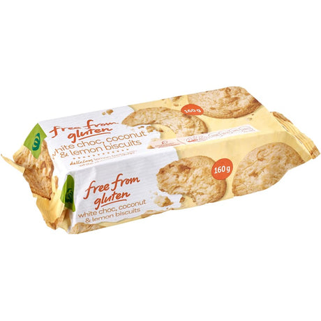 Coconut lemon and white chocolate gluten-free biscuits, 160g pack, free from artificial ingredients, ideal for snacking.