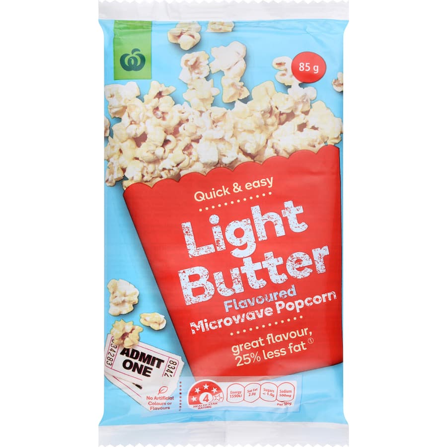 Woolworths Microwave Popcorn Light Butter, a tasty, low-fat snack with no artificial colors, perfect for any occasion.