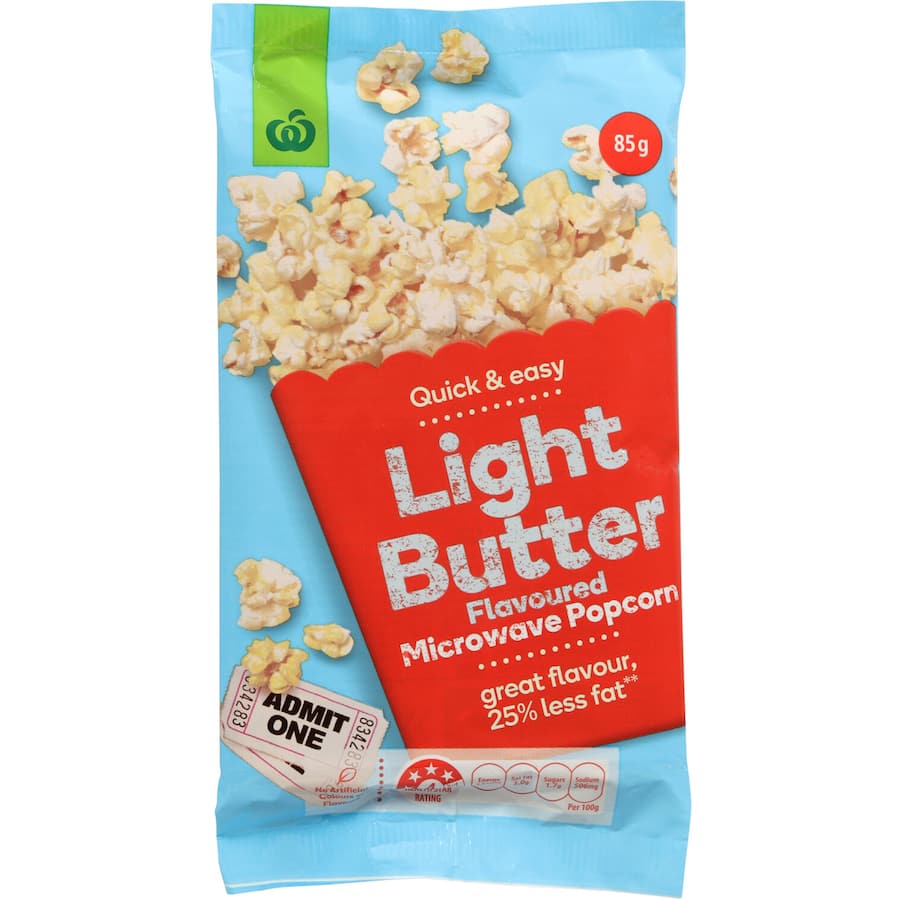 Light butter-flavored microwave popcorn with 25% less fat, perfect for guilt-free snacking during movies or gatherings.