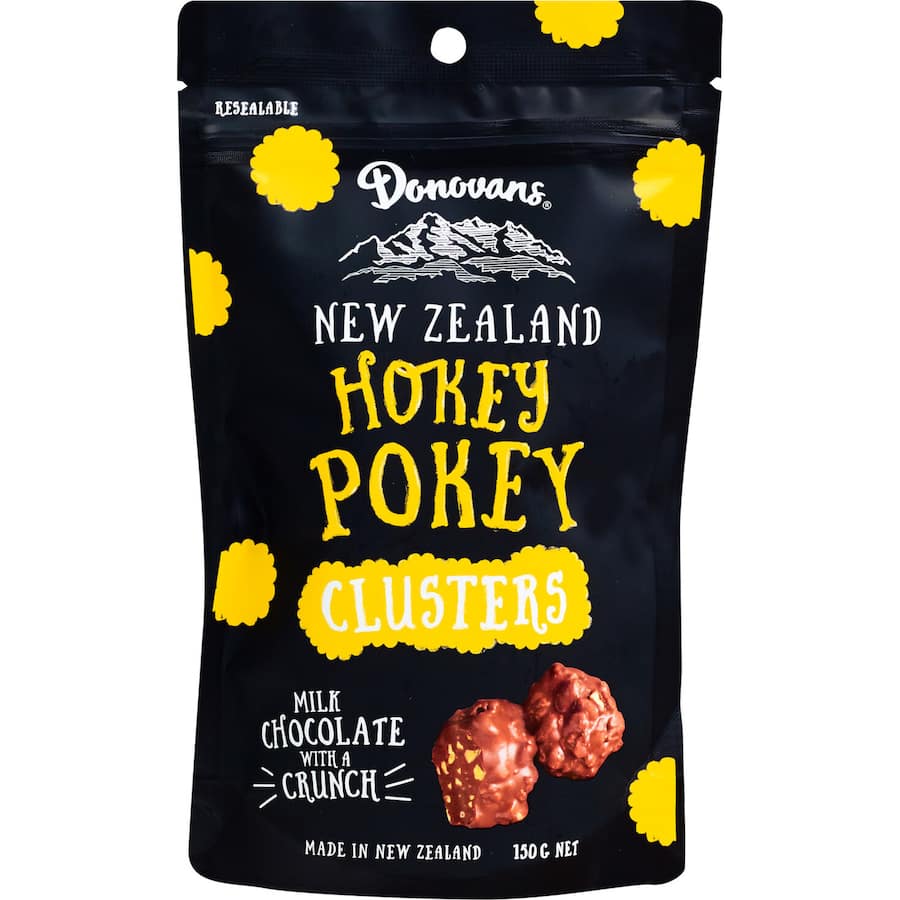 Donovans Chocolate Hokey Pokey Clusters: creamy milk chocolate with crunchy hokey pokey pieces in shareable bite-sized treats.