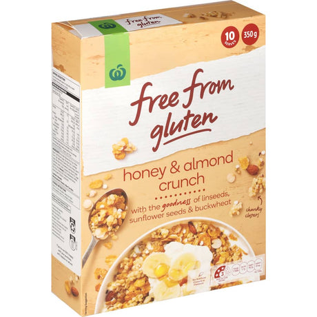 Woolworths gluten-free cereal with honey and almond crunch, packed with linseeds, sunflower seeds, and fiber for a healthy breakfast.