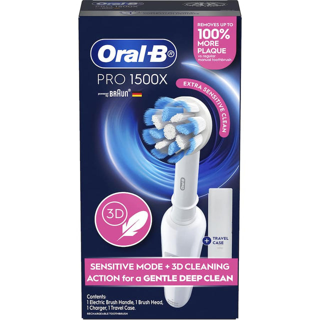 Oral B Pro 1500x electric toothbrush featuring 3D cleaning, pressure sensor, and multiple modes for optimal oral health.