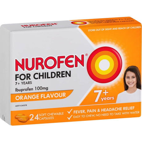 Nurofen Children Ibuprofen 7 Plus in orange flavor, easy-to-chew for pain relief in kids aged 7+, gentle on the tummy.