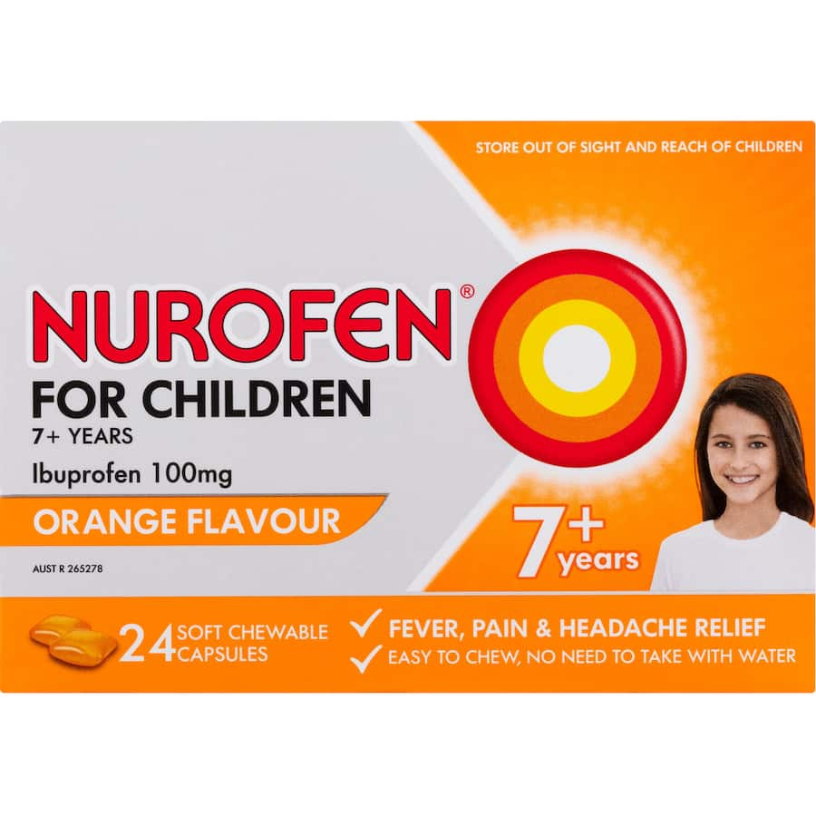 Nurofen Children Ibuprofen 7 Plus in orange offers easy, chewable pain relief for kids aged 7+, gentle on tummies.