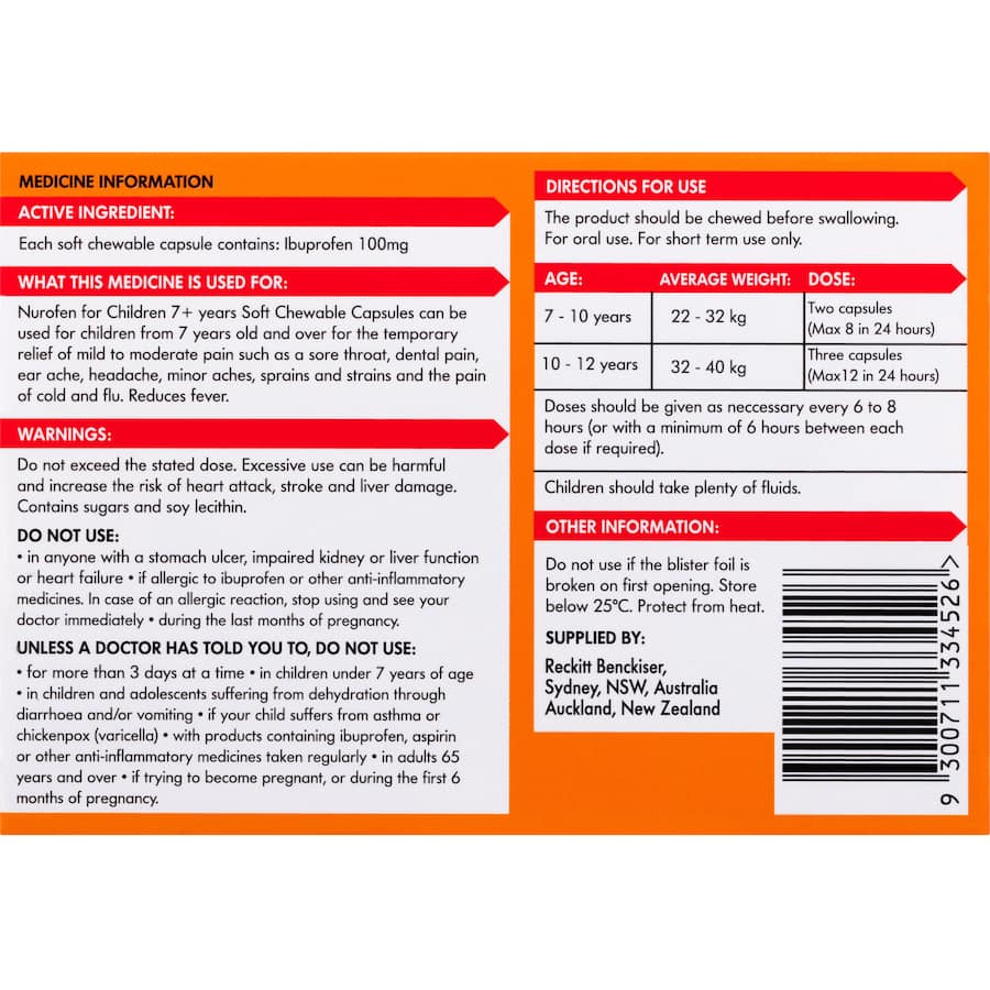 Nurofen Children Ibuprofen 7 Plus Orange - Chewable pain relief for kids 7+, fast-acting, tasty orange flavor, no water needed.