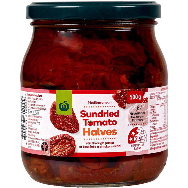 Woolworths Sundried Tomato Halves: rich Mediterranean flavor, perfect for salads and pastas, no artificial colors or flavors.