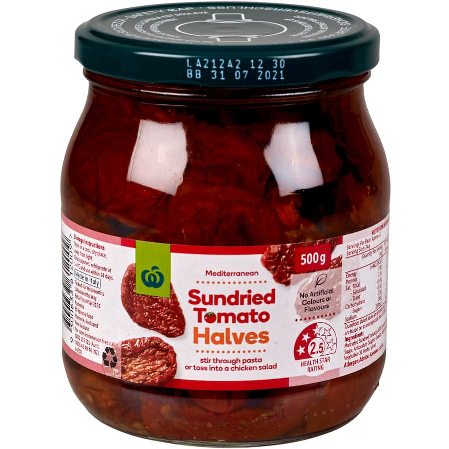 Woolworths Sundried Tomato Halves, succulent Mediterranean tomatoes perfect for salads, pastas, and gourmet dishes.