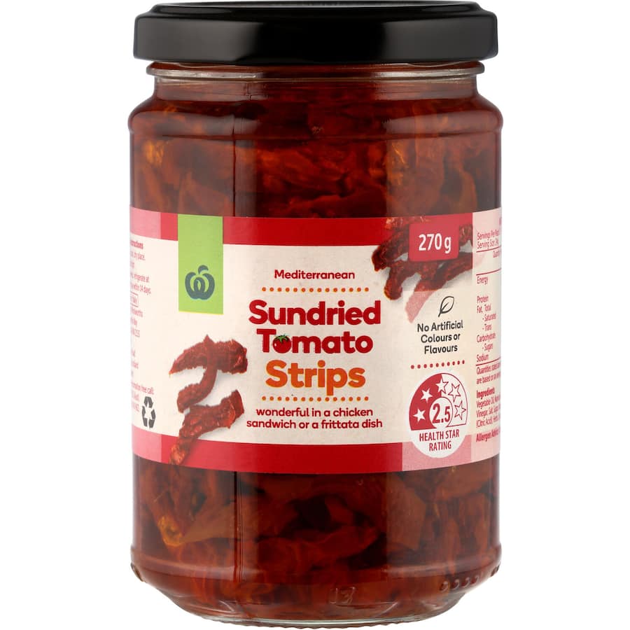 Woolworths Sundried Tomato Strips in a jar, showcasing rich Mediterranean flavors for salads, pasta, and sandwiches.