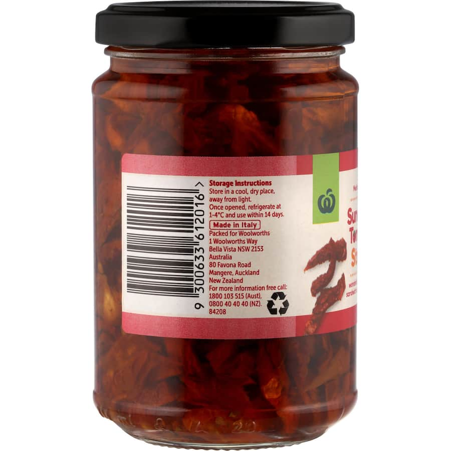 Woolworths Sundried Tomato Strips in a jar, showcasing vibrant, marinated strips perfect for enhancing Mediterranean dishes.