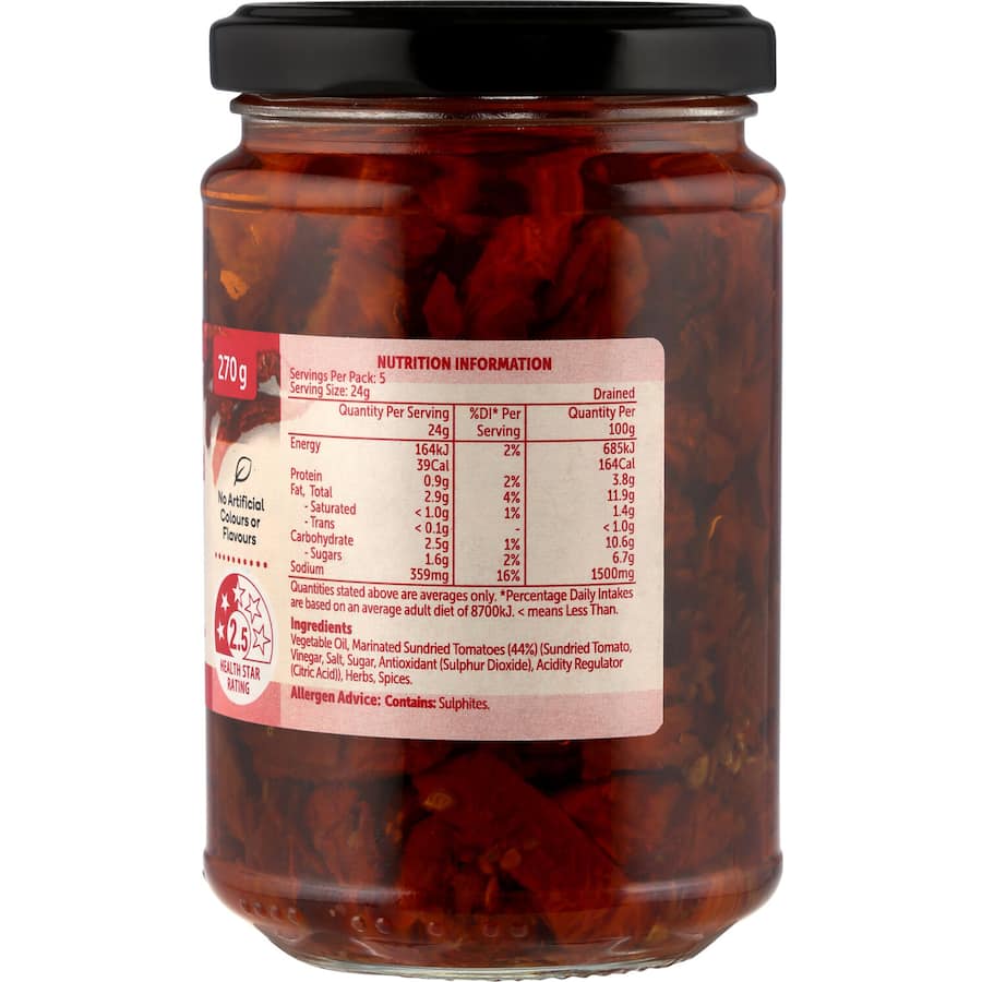 Woolworths Sundried Tomato Strips in a jar, showcasing rich flavors ideal for Mediterranean dishes and free from artificial additives.