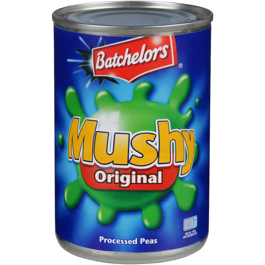 A can of Batchelors Peas Mushy Original, featuring smooth, vibrant green mushy peas ideal for quick, comforting meals.