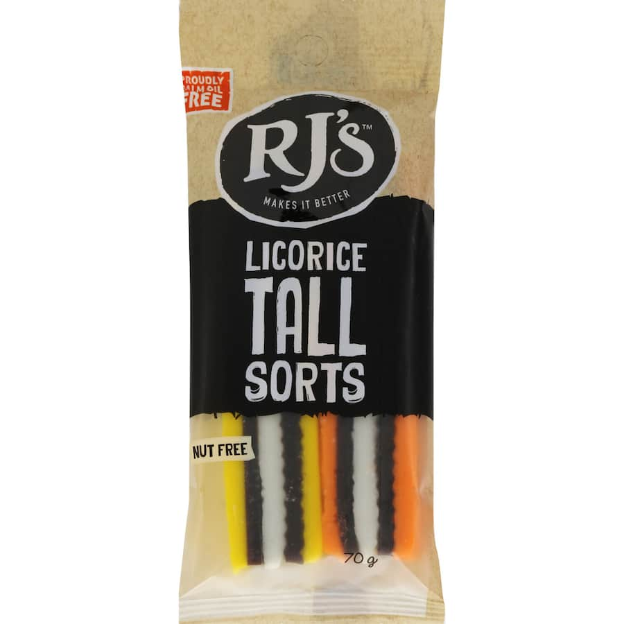 Colorful RJs Licorice Tallsorts featuring two long, chewy licorice allsorts in a variety of flavors, perfect for sweet indulgence.