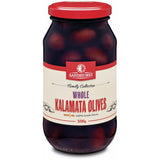 A jar of Sandhurst Kalamata Olives, showcasing their rich color and smooth texture, perfect for Mediterranean dishes.