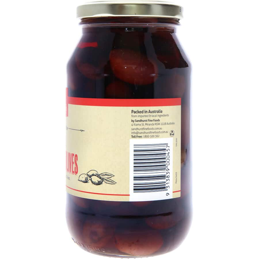 Sandhurst Kalamata Olives from Greece, rich in flavor and smooth texture, perfect for Mediterranean dishes and gourmet meals.