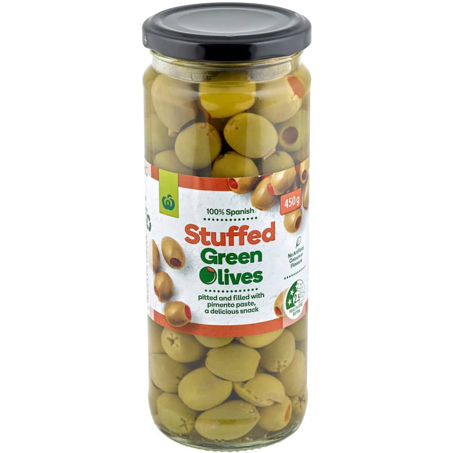 Woolworths green olives stuffed with pimento paste, perfect for snacking or antipasto platters, no artificial ingredients.