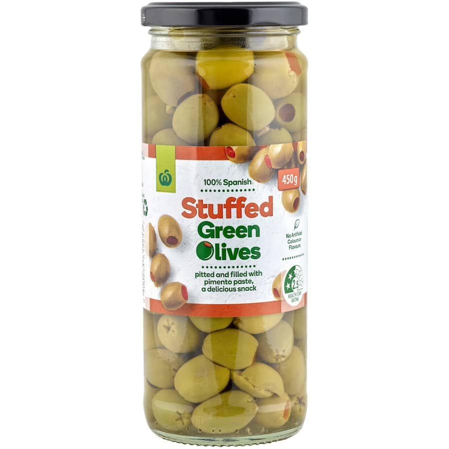 Jar of Woolworths Green Olives stuffed with pimento paste, perfect for Mediterranean snacking and antipasto platters.