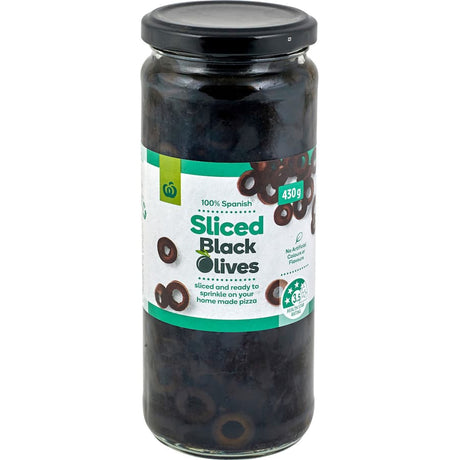 Jar of Woolworths Black Sliced Olives, 430g, filled with 100% Spanish olives, perfect for pizzas and salads.