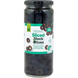 A jar of Woolworths Black Sliced Olives, 430g, featuring high-quality, 100% Spanish olives perfect for dishes and snacking.