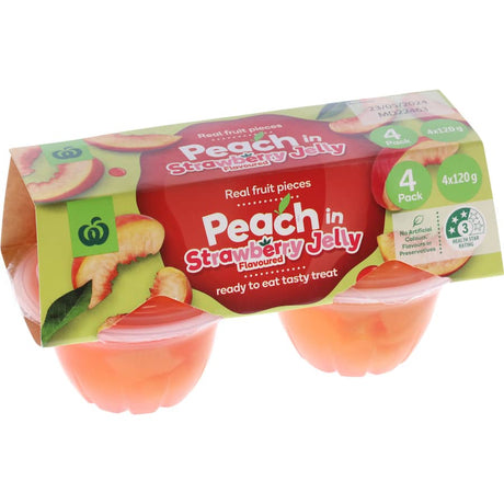 Woolworths Fruit Snack Peach in Strawberry Jelly features real peach pieces in vibrant strawberry jelly, a healthy, tasty treat.