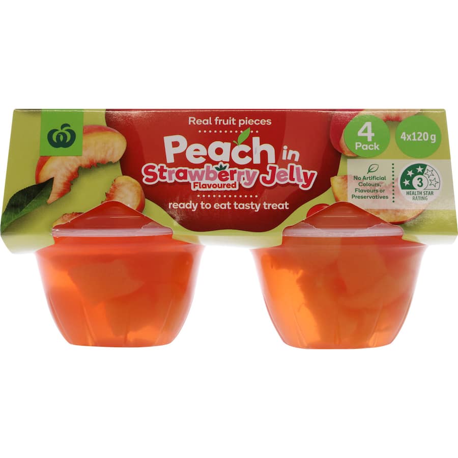 Woolworths Fruit Snack Peach in Strawberry Jelly, 480g, features real peach pieces in vibrant strawberry jelly, no artificial additives.