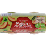 Woolworths Fruit Snack Peach in Strawberry Jelly, featuring real peach pieces in vibrant strawberry jelly, perfect for healthy snacking.