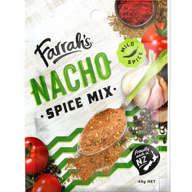 Zesty Farrah's Mexican Nacho Spice Mix for flavorful nachos, gluten-free and made in New Zealand. Perfect for any occasion!