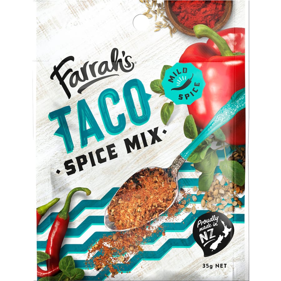 Farrah's Mexican Taco Spice Mix, a gluten-free blend of authentic spices for flavorful tacos and veggies.