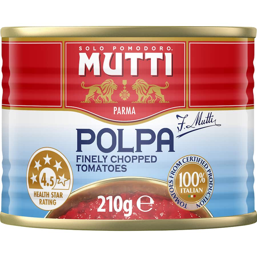 Vibrant Mutti Polpa Chopped Tomatoes in a can, ideal for enhancing Italian dishes with fresh, authentic flavor.